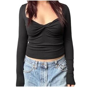 ARITZIA Sunday Best Black Ruched Bust Long Sleeve Top Size S Fitted Coquette